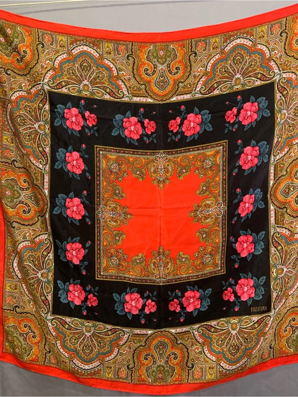 Vintage 1970s-80s Bill Blass Silk Scarf Paisley Floral Medallion 32”